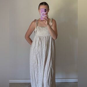 Tie-Shoulder Floral Print Split Midi Swing Dress Cream Floral Sleeveless Dress